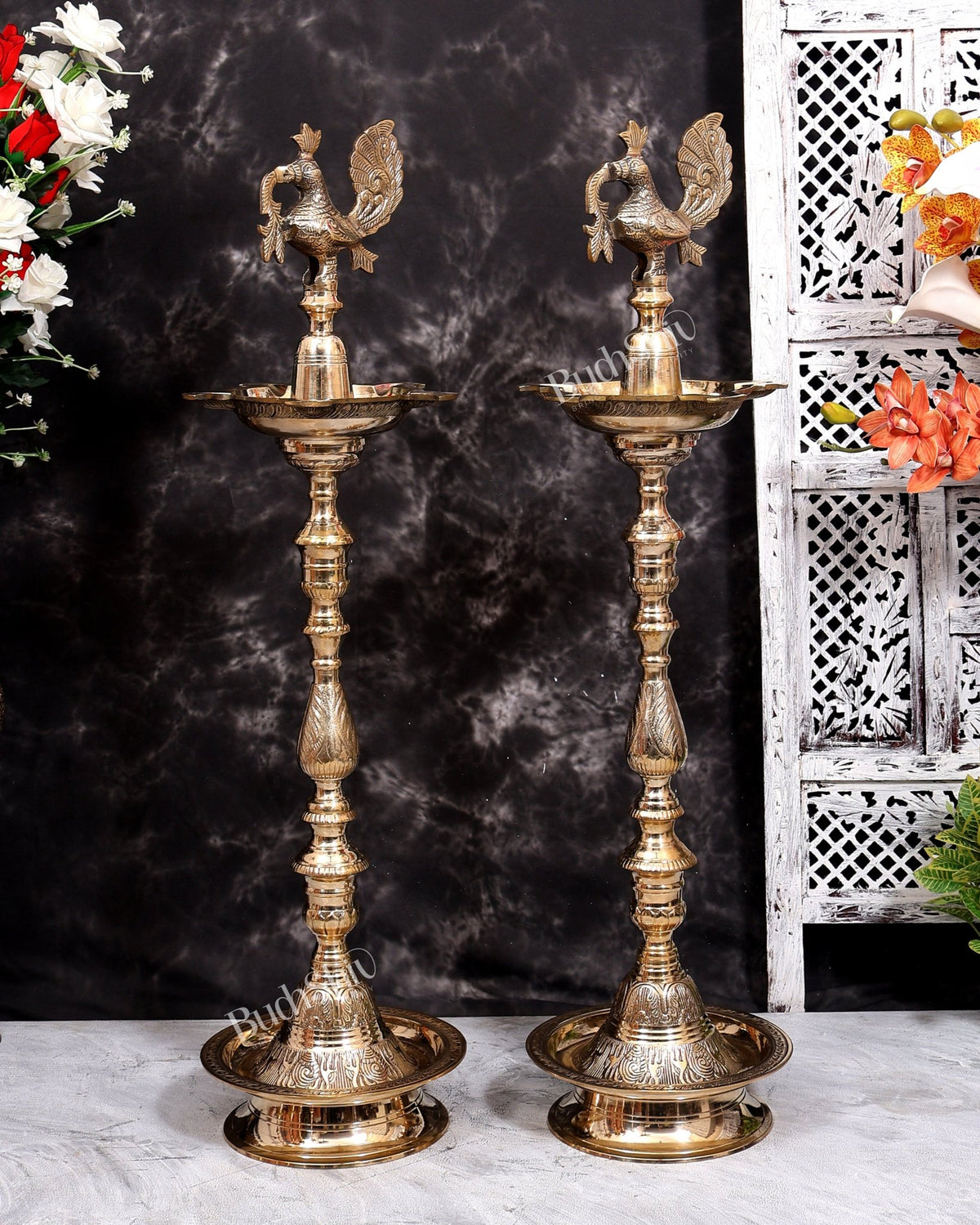 Brass Peacock Samai Inauguration Lamp heavy (Pair) 36.5 inch - Budhshiv.com
