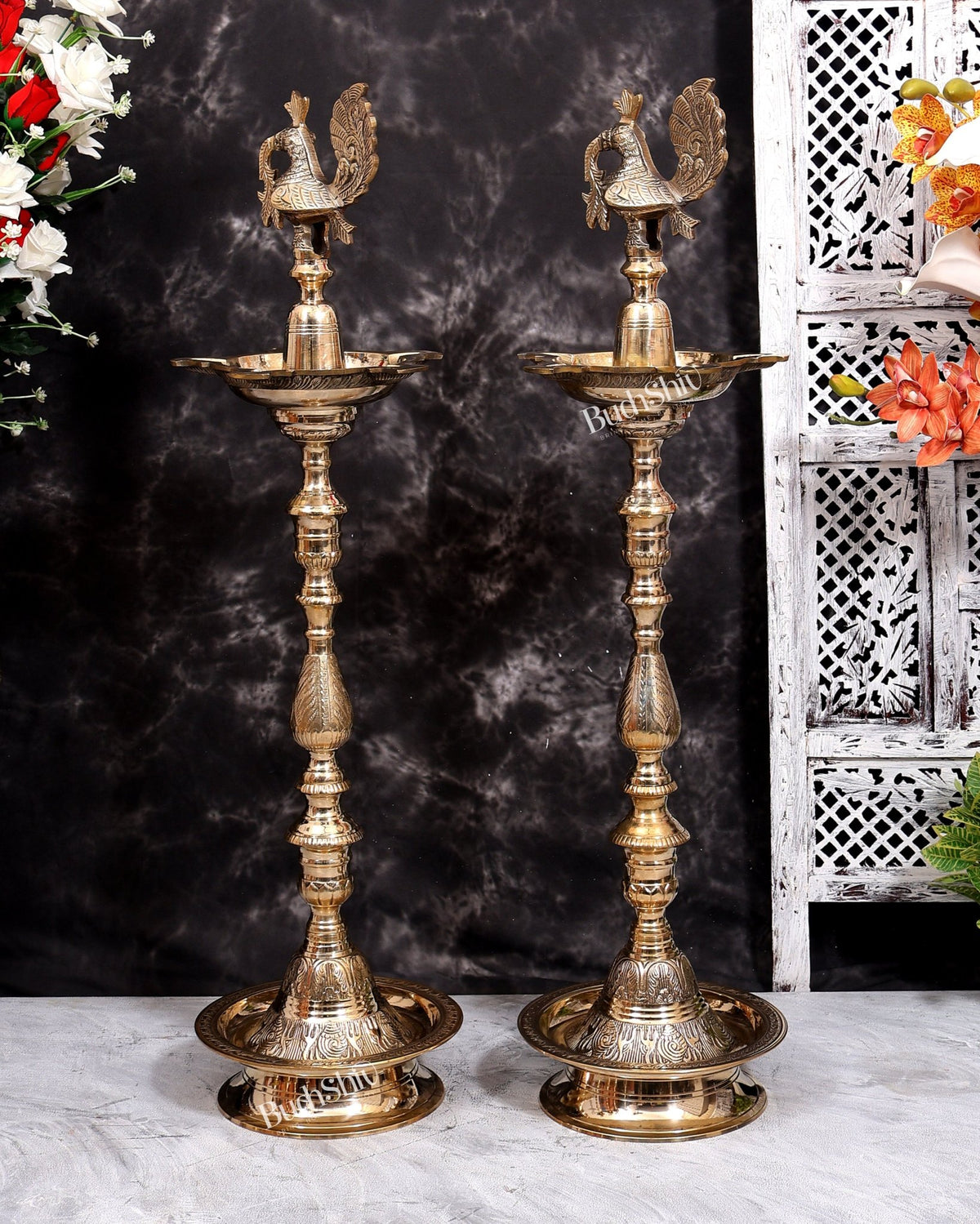 Brass Peacock Samai Inauguration Lamp heavy (Pair) 36.5 inch - Budhshiv.com