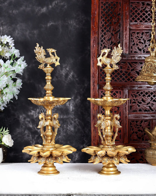 Brass Peacock Samai Oil Lamp Diya Pair – Traditional Multi-Wick Deepam Set 19.5 inch - Budhshiv.com