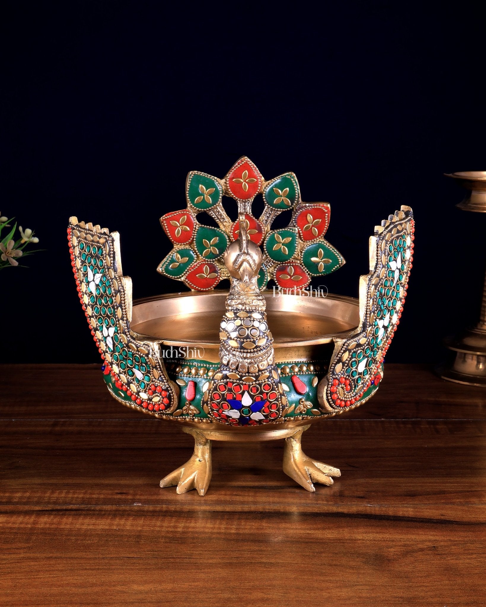 Brass Peacock Shaped Urli Bowl with Stonework - Budhshiv.com