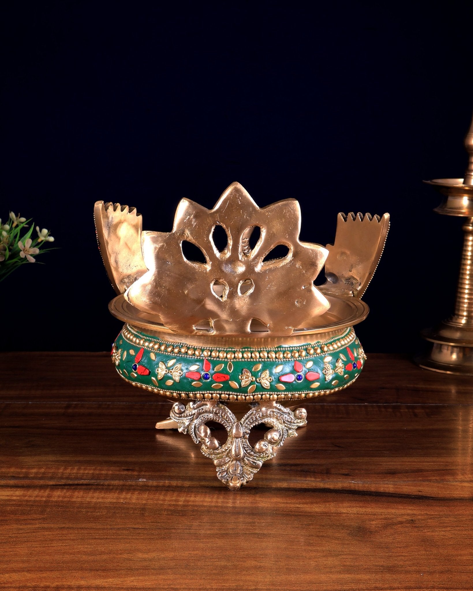Brass Peacock Shaped Urli Bowl with Stonework - Budhshiv.com