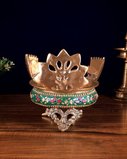 Brass Peacock Shaped Urli Bowl with Stonework - Budhshiv.com