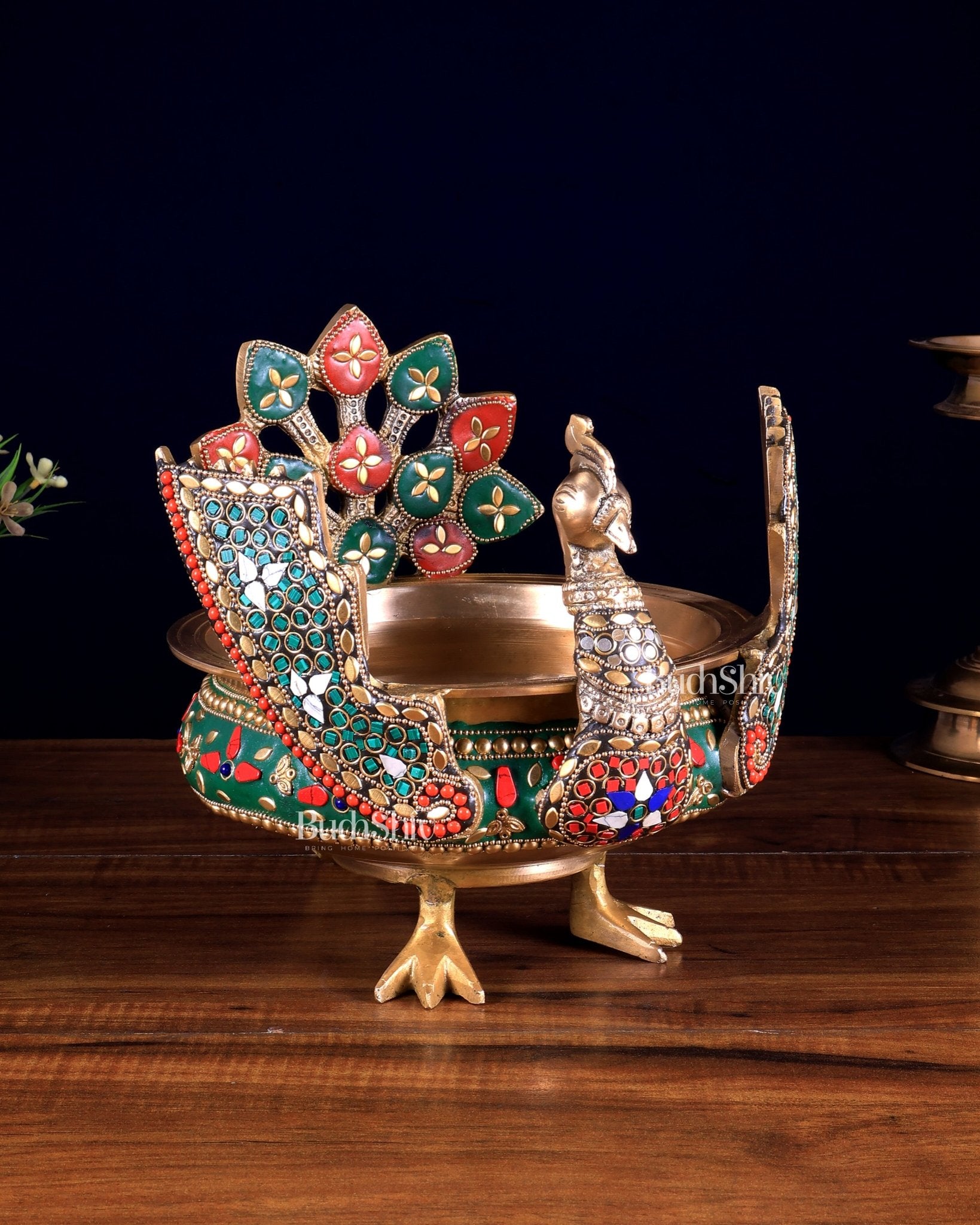 Brass Peacock Shaped Urli Bowl with Stonework - Budhshiv.com