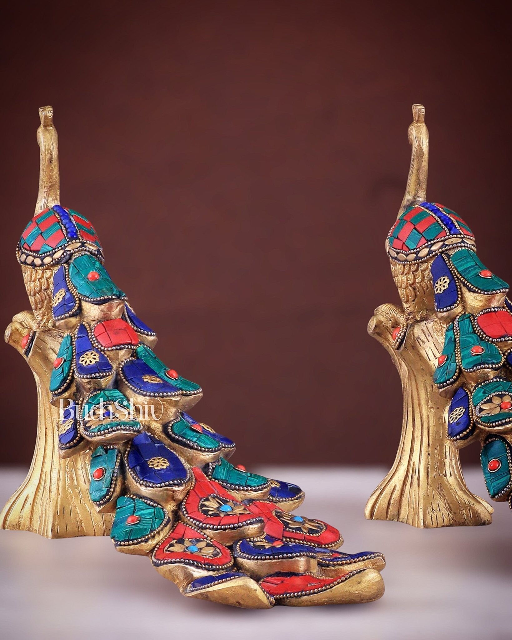 Brass peacock showpiece 12 inch multicolour stonework - Budhshiv.com