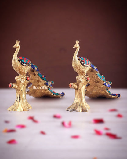Brass peacock showpiece 12 inch multicolour stonework - Budhshiv.com