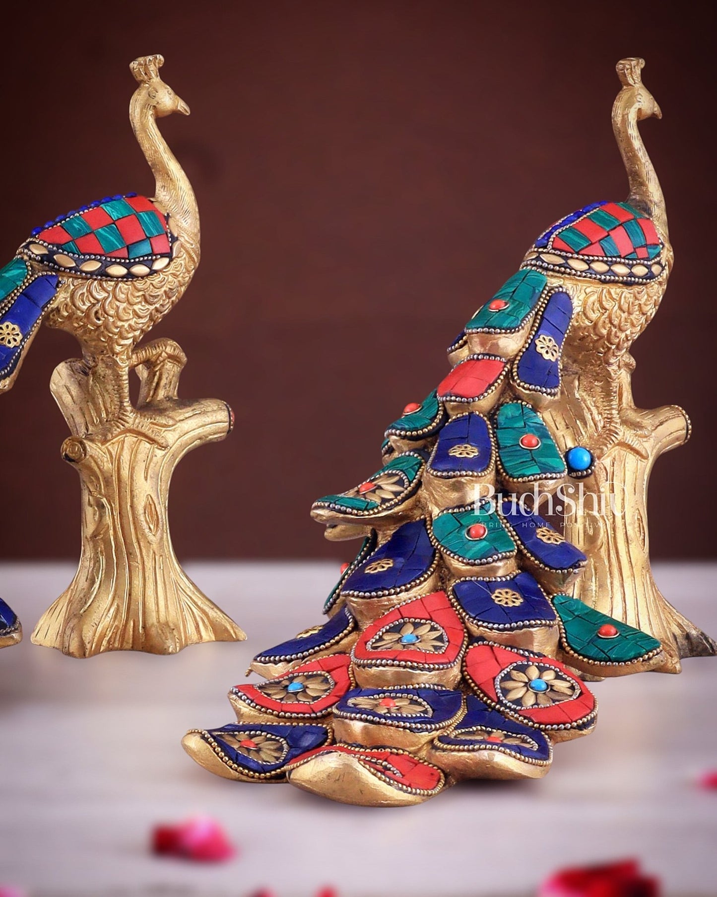Brass peacock showpiece 12 inch multicolour stonework - Budhshiv.com