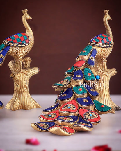 Brass peacock showpiece 12 inch multicolour stonework - Budhshiv.com