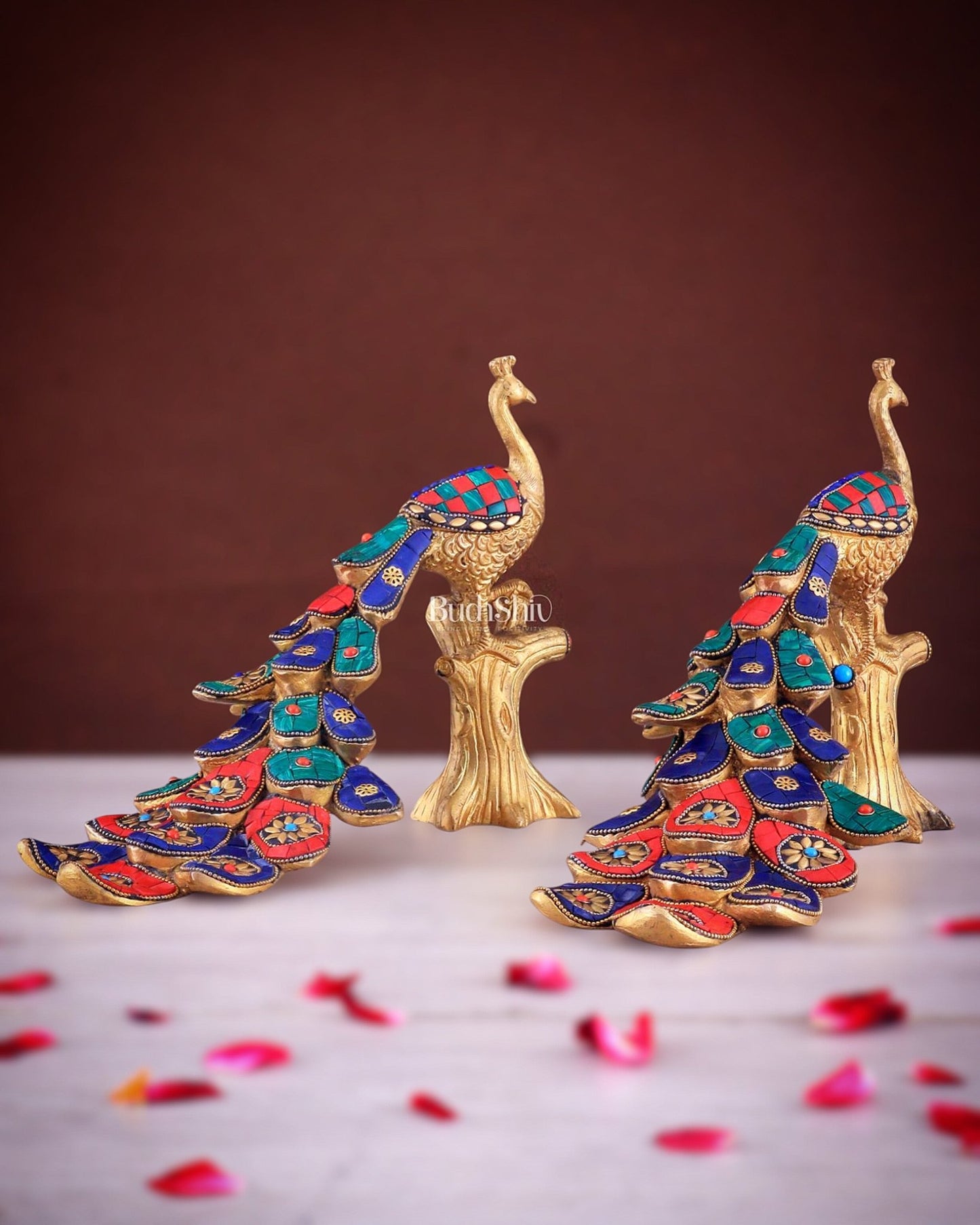 Brass peacock showpiece 12 inch multicolour stonework - Budhshiv.com