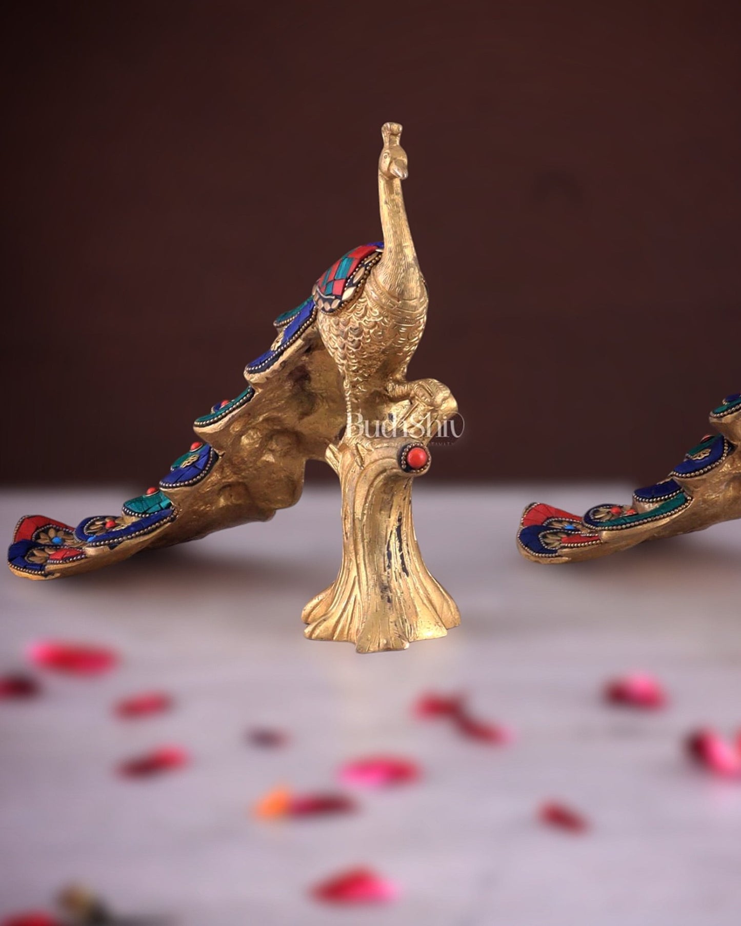 Brass peacock showpiece 12 inch multicolour stonework - Budhshiv.com