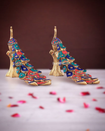 Brass peacock showpiece 12 inch multicolour stonework - Budhshiv.com