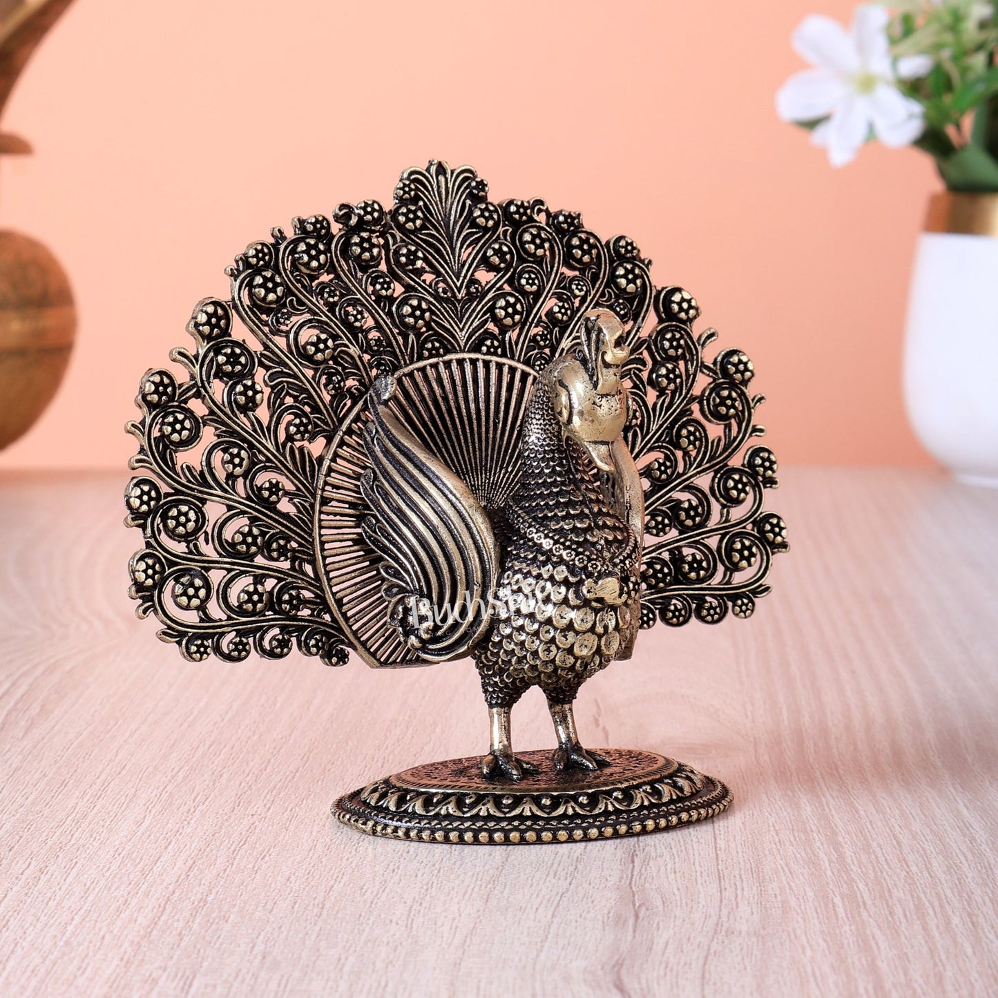 Brass Peacock Showpiece with Open Feathers (3.5 Inch, Intricate Design) - Budhshiv.com