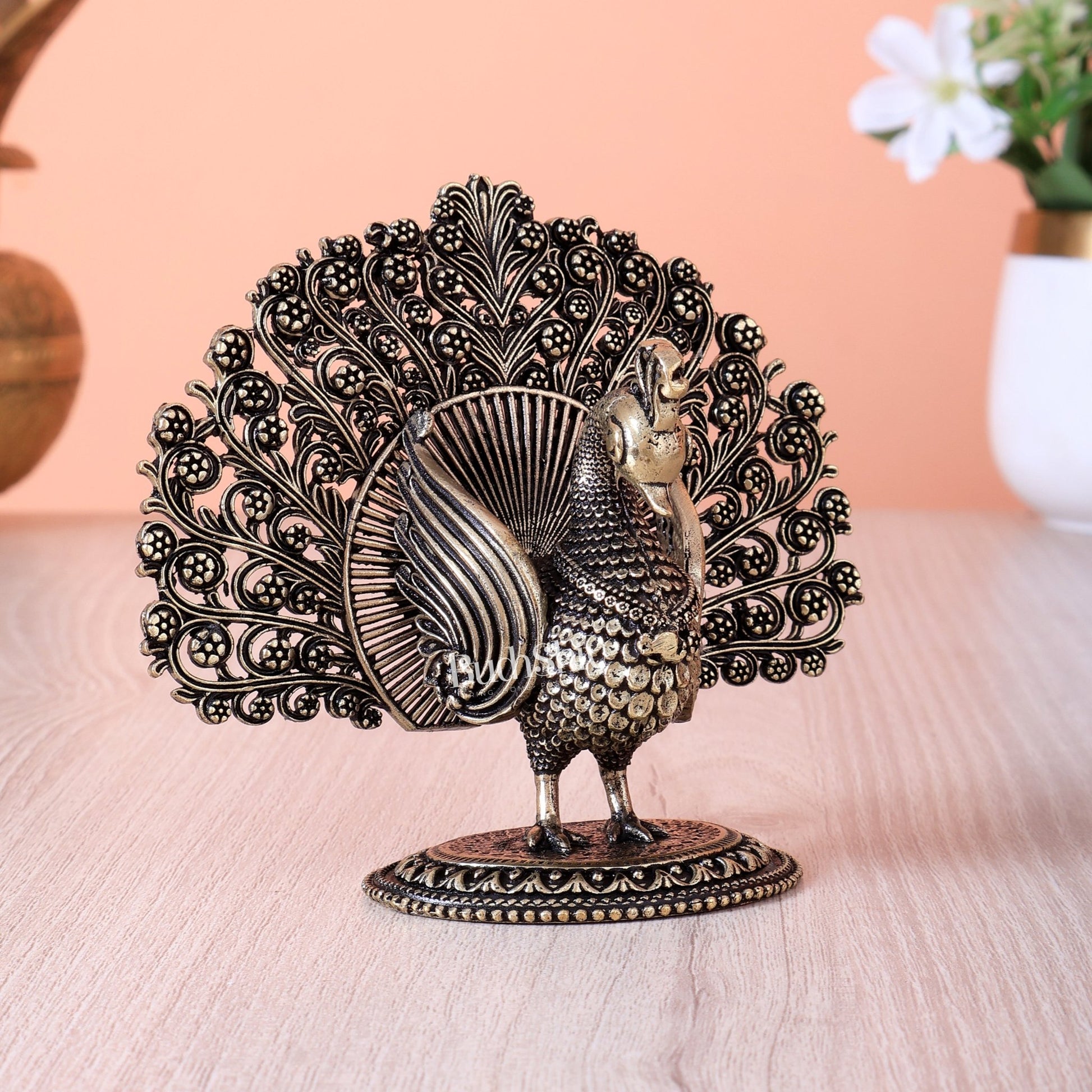 Brass Peacock Showpiece with Open Feathers (3.5 Inch, Intricate Design) - Budhshiv.com