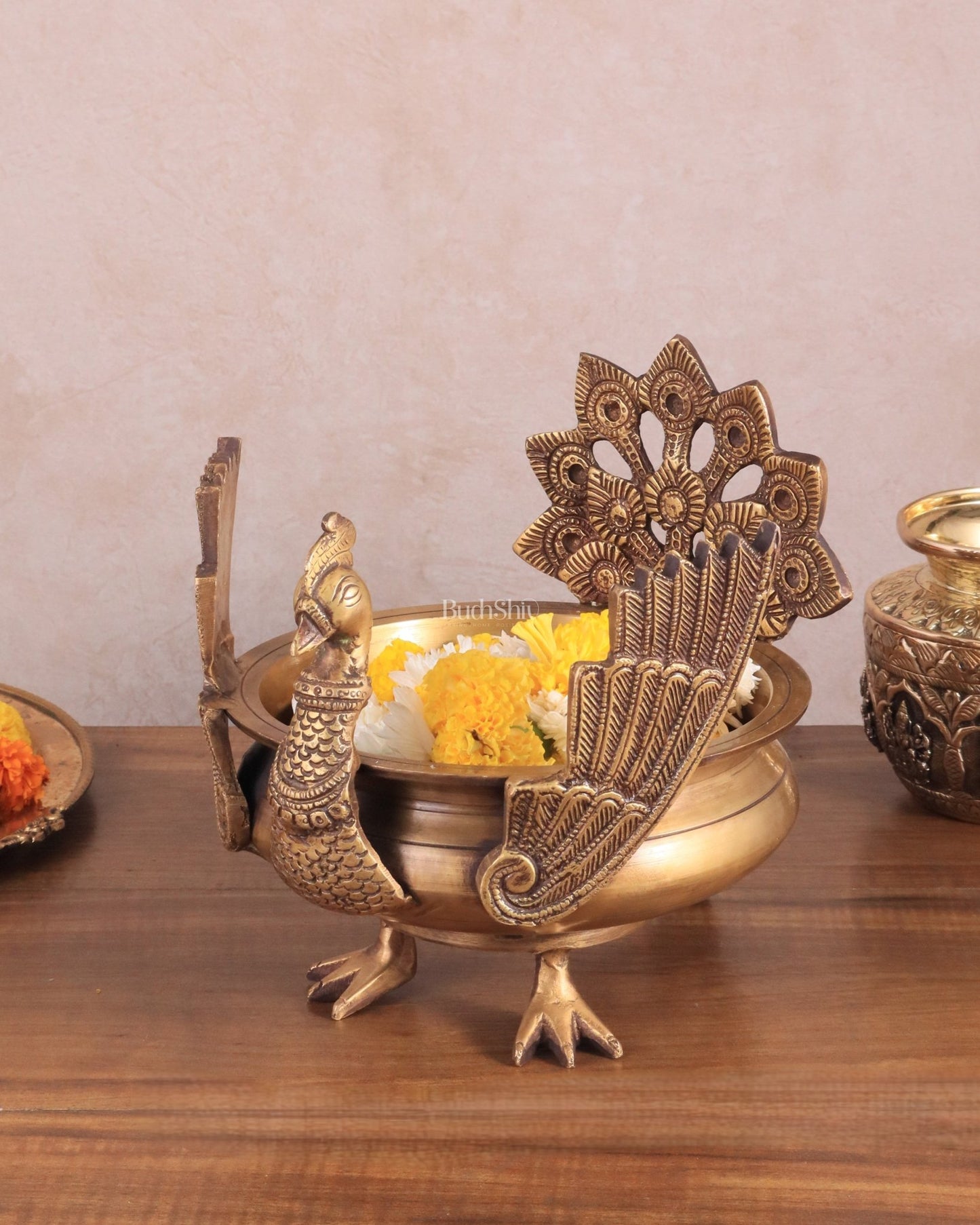 Brass peacock urli antique tone 9" - Budhshiv.com