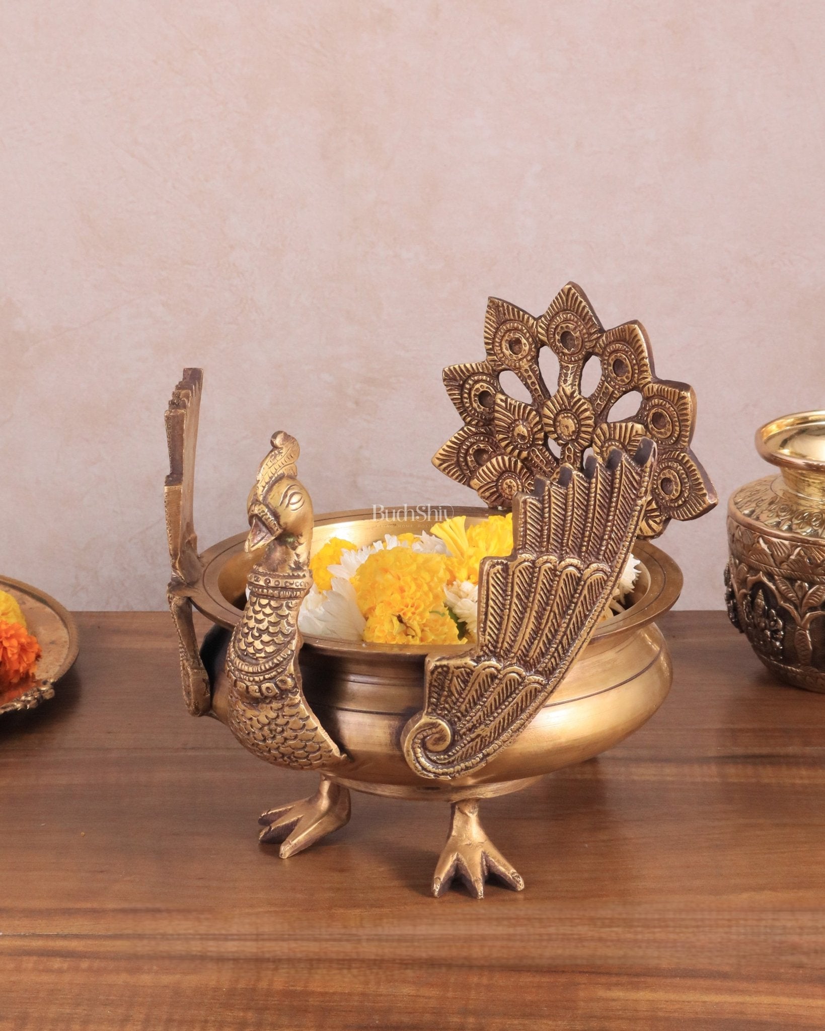 Brass peacock urli antique tone 9" - Budhshiv.com