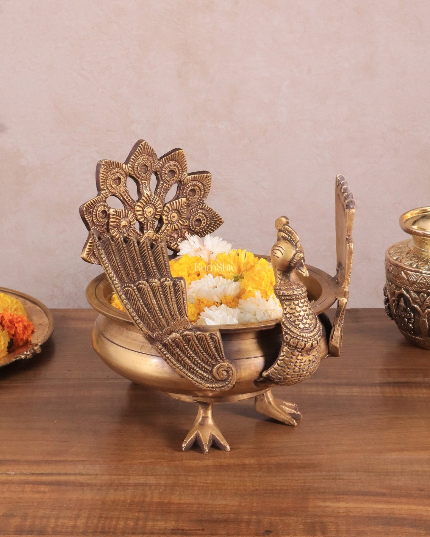 Brass peacock urli antique tone 9" - Budhshiv.com