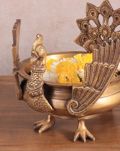 Brass peacock urli antique tone 9" - Budhshiv.com