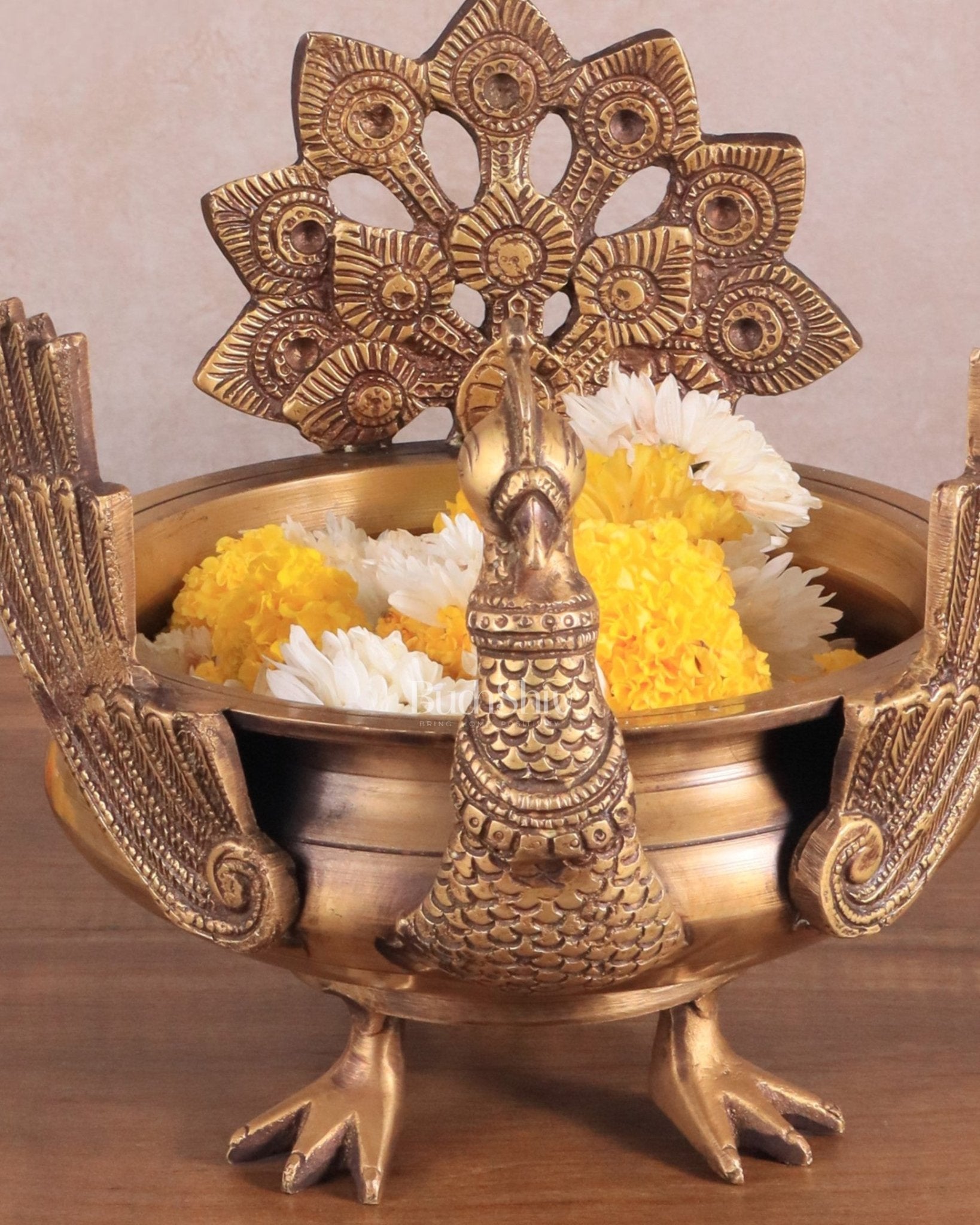 Brass peacock urli antique tone 9" - Budhshiv.com