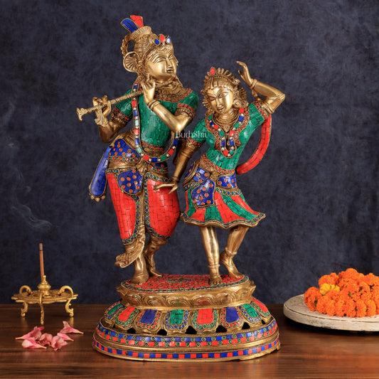 Brass Radha Krishna Dancing together with meenakari 23" - Budhshiv.com