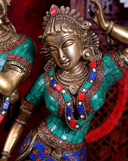 Brass Radha Krishna Dancing together with meenakari 23" - Budhshiv.com