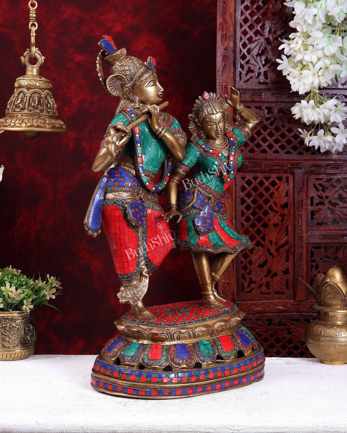 Brass Radha Krishna Dancing together with meenakari 23" - Budhshiv.com