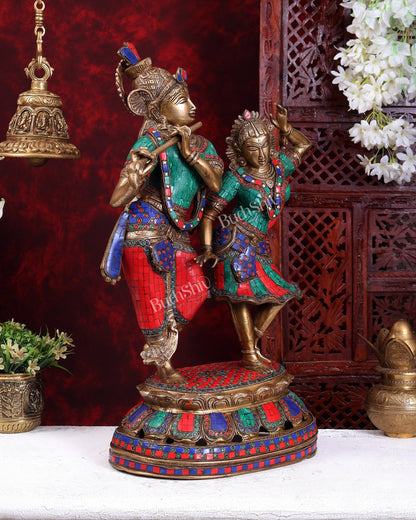 Brass Radha Krishna Dancing together with meenakari 23" - Budhshiv.com