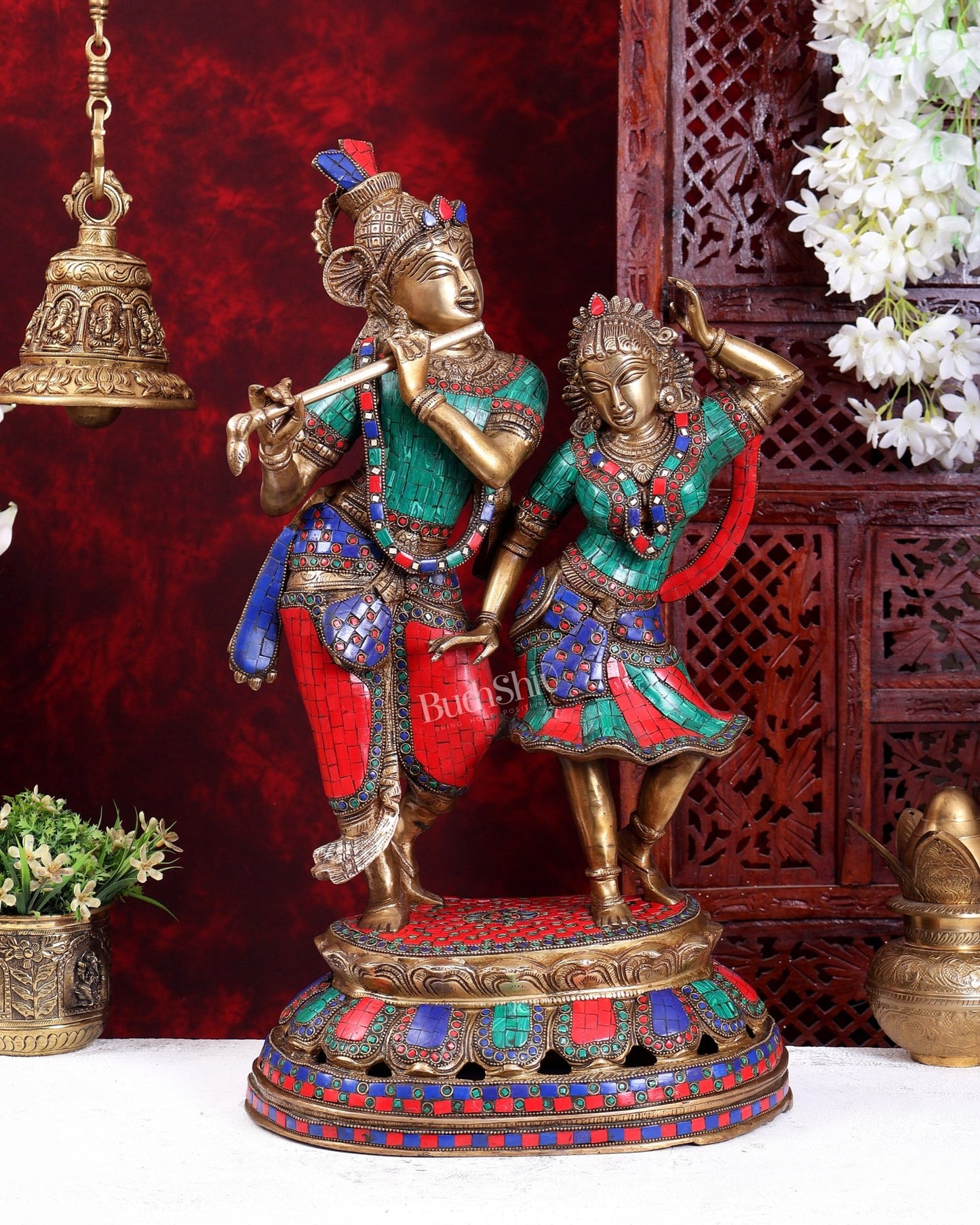 Brass Radha Krishna Dancing together with meenakari 23" - Budhshiv.com