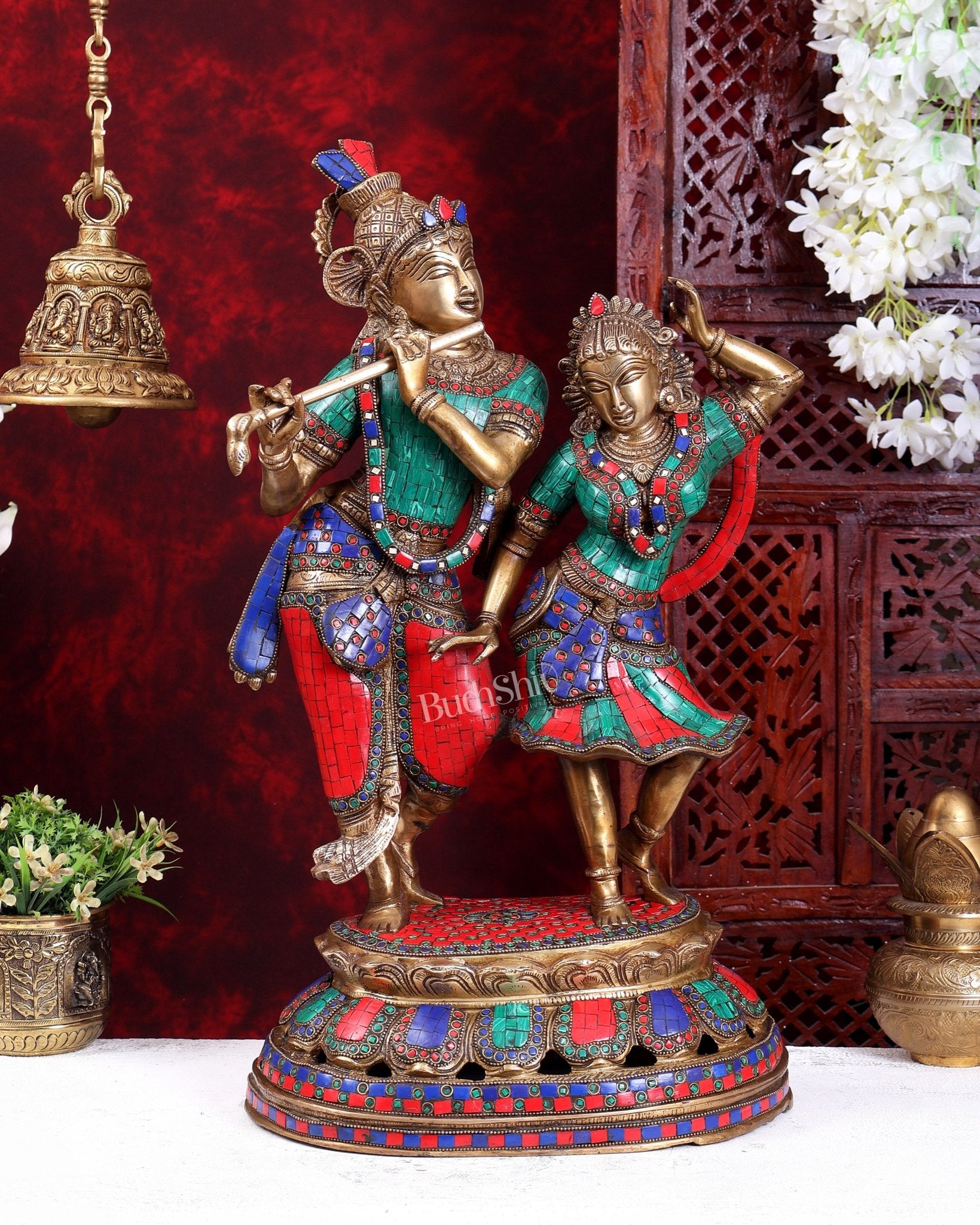 Brass Radha Krishna Dancing together with meenakari 23" - Budhshiv.com