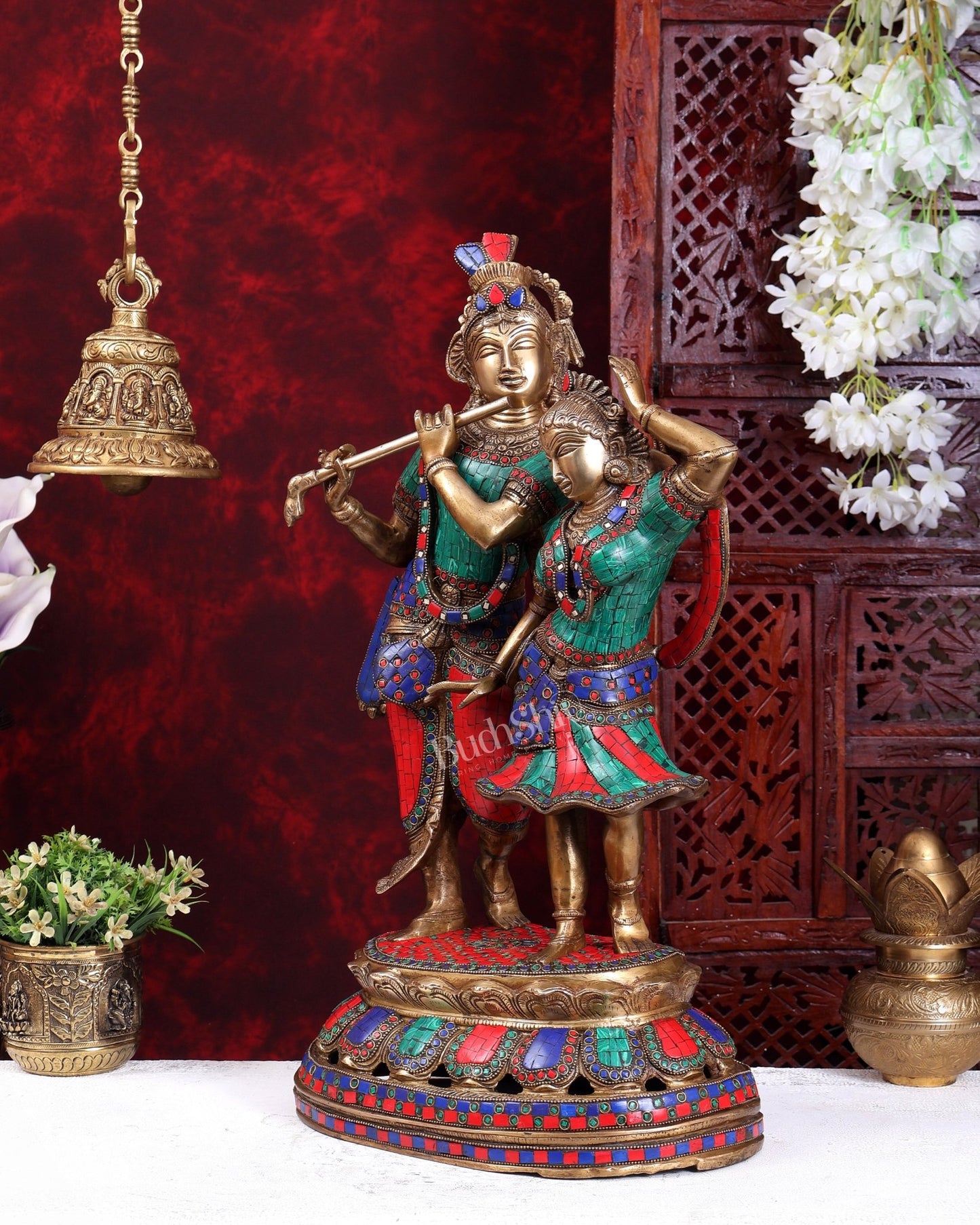 Brass Radha Krishna Dancing together with meenakari 23" - Budhshiv.com