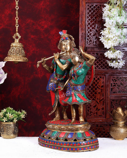 Brass Radha Krishna Dancing together with meenakari 23" - Budhshiv.com