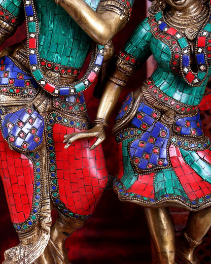 Brass Radha Krishna Dancing together with meenakari 23" - Budhshiv.com
