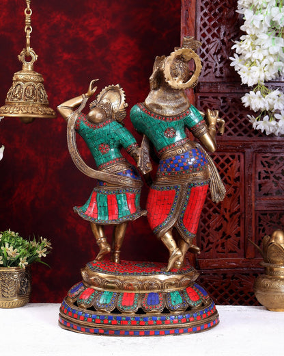 Brass Radha Krishna Dancing together with meenakari 23" - Budhshiv.com