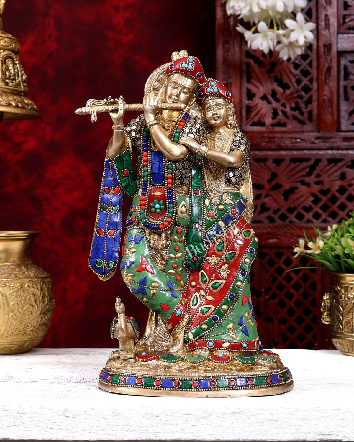 Brass Radha Krishna Idol 12 inch stonework - Budhshiv.com
