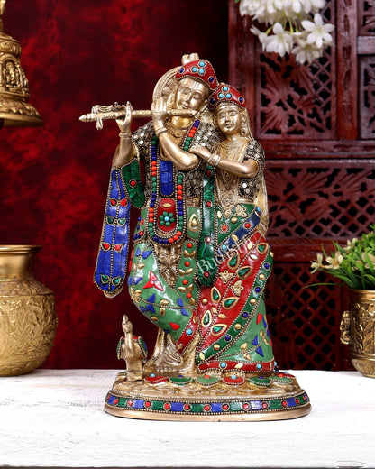 Brass Radha Krishna Idol 12 inch stonework - Budhshiv.com