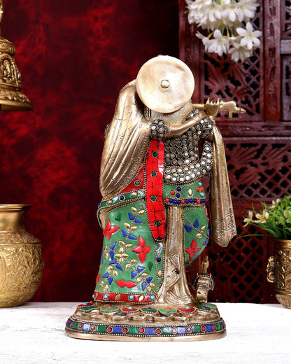 Brass Radha Krishna Idol 12 inch stonework - Budhshiv.com