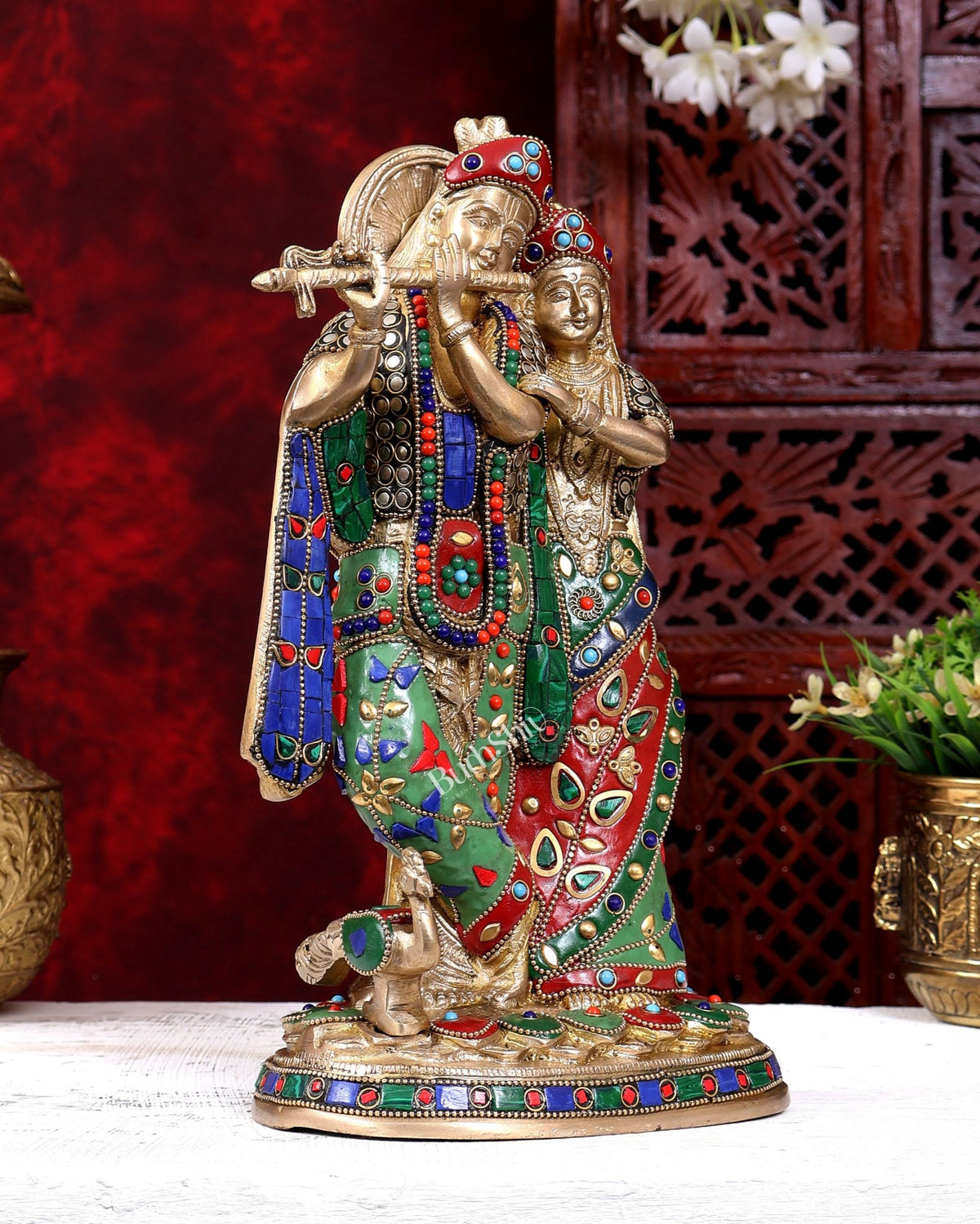 Brass Radha Krishna Idol 12 inch stonework - Budhshiv.com