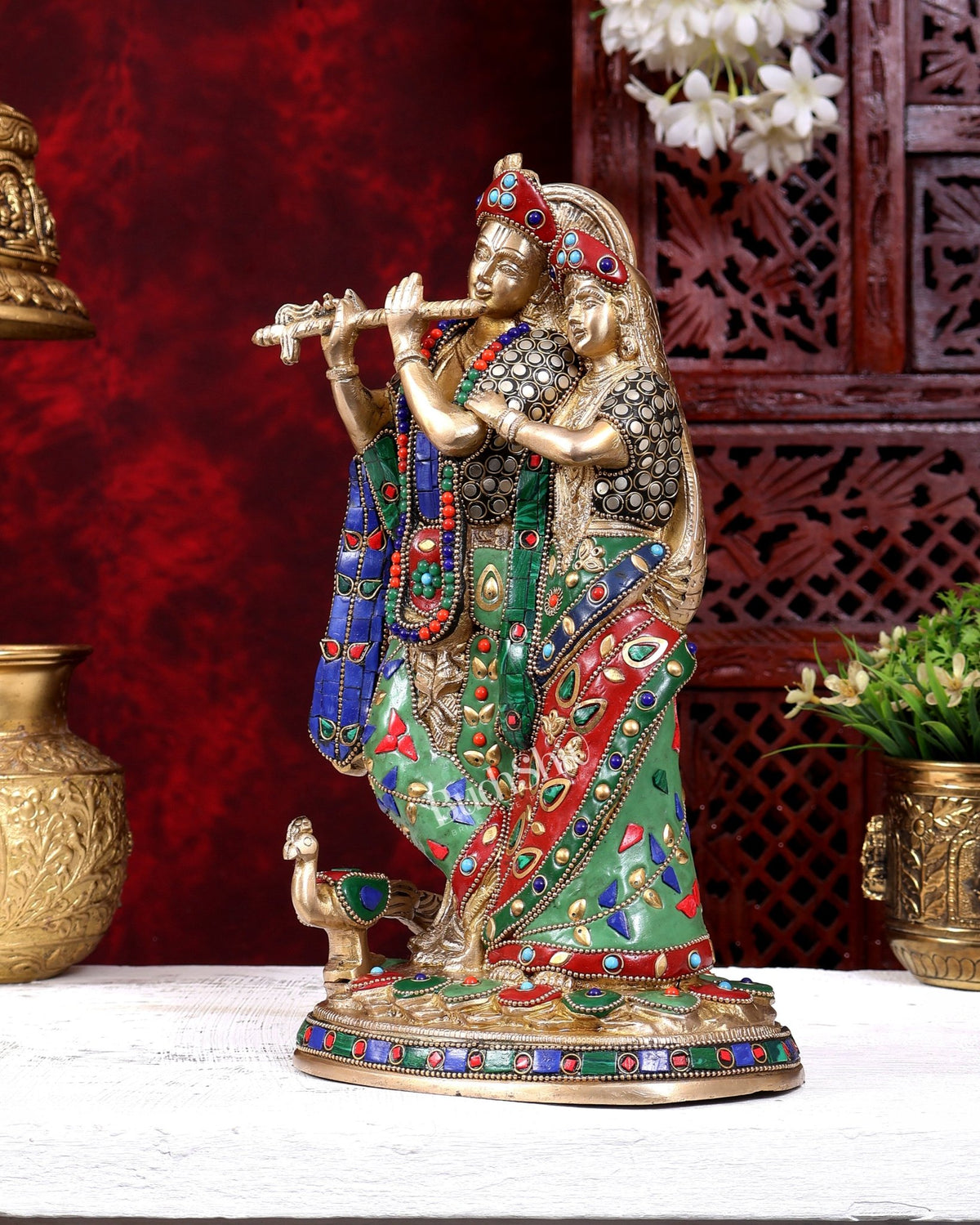 Brass Radha Krishna Idol 12 inch stonework - Budhshiv.com