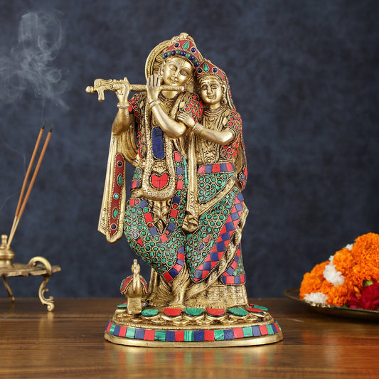 Brass Radha Krishna Idol 12 inch with stonework - Budhshiv.com