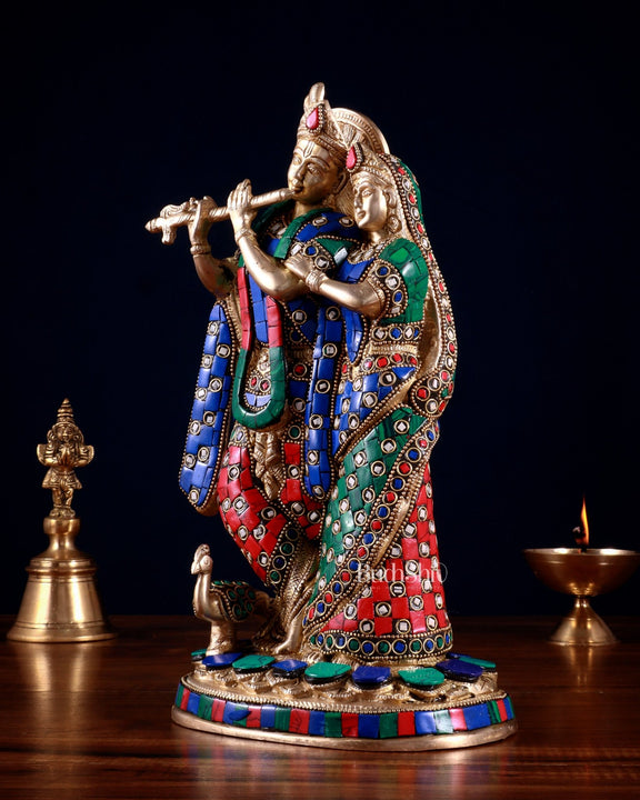 Brass Radha Krishna Idol 12 stonework - Budhshiv.com
