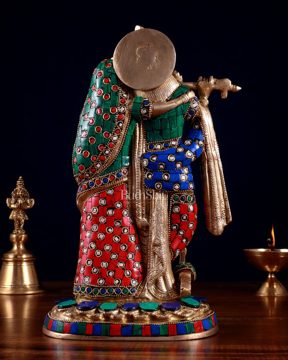 Brass Radha Krishna Idol 12 stonework - Budhshiv.com