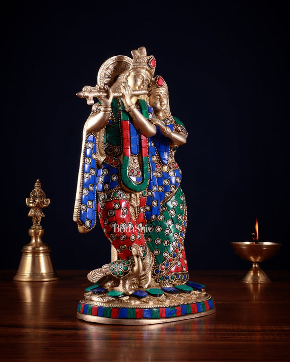 Brass Radha Krishna Idol 12 stonework - Budhshiv.com