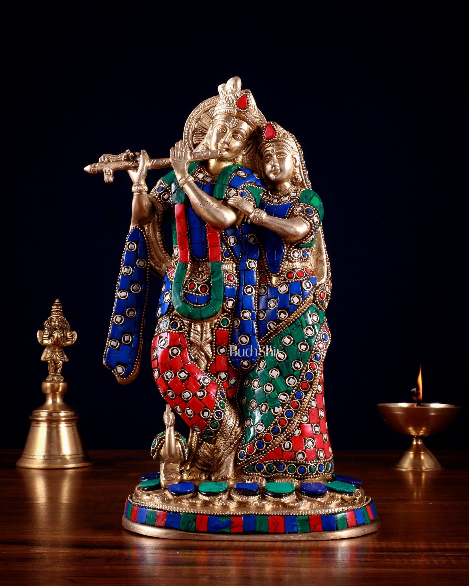 Brass Radha Krishna Idol 12 stonework – Budhshiv.com