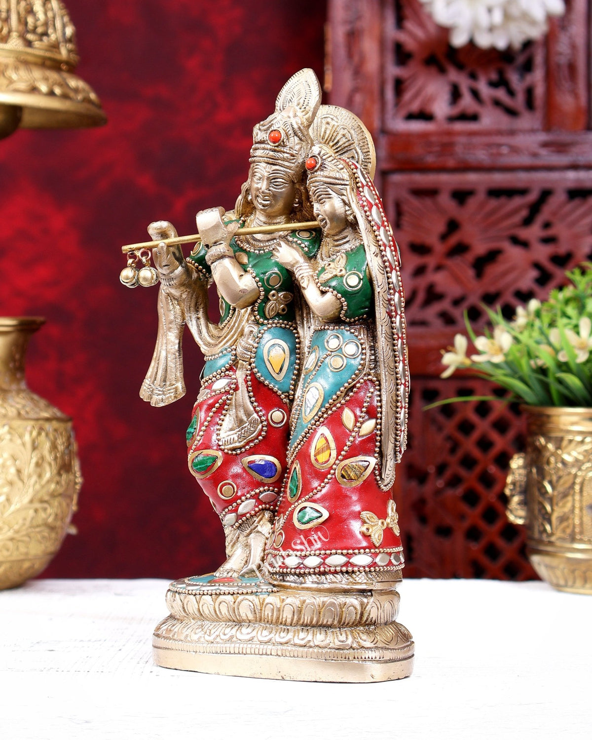 Brass Radha Krishna Idol - 9 Inch Statue with meenakari - Budhshiv.com