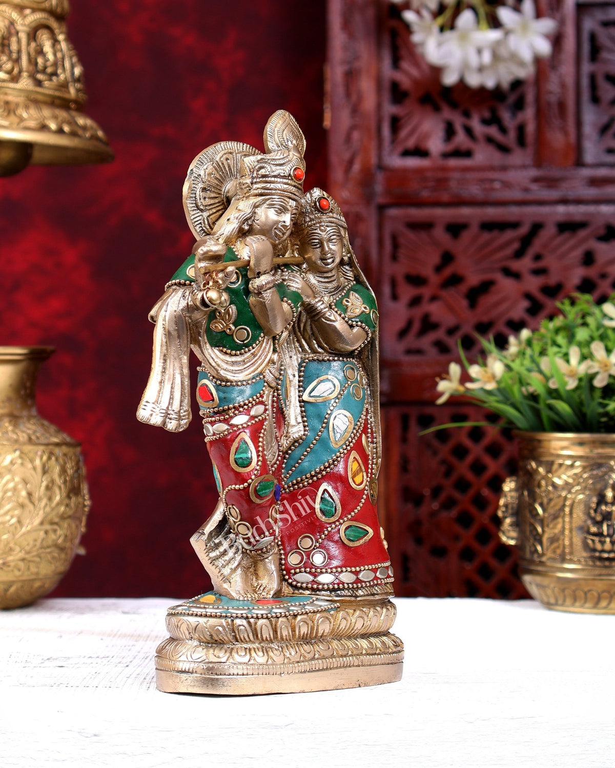 Brass Radha Krishna Idol - 9 Inch Statue with meenakari - Budhshiv.com
