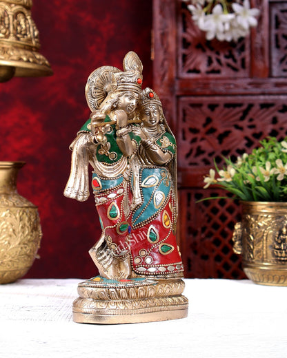 Brass Radha Krishna Idol - 9 Inch Statue with meenakari - Budhshiv.com