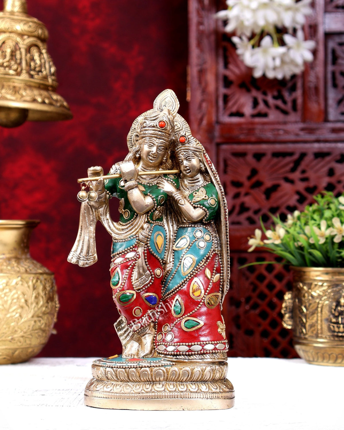 Brass Radha Krishna Idol - 9 Inch Statue with meenakari - Budhshiv.com