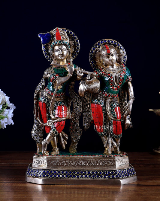 Brass Radha Krishna Idol with Stonework – 12 Inch | Premium Handmade Statue | BudhShiv - Budhshiv.com
