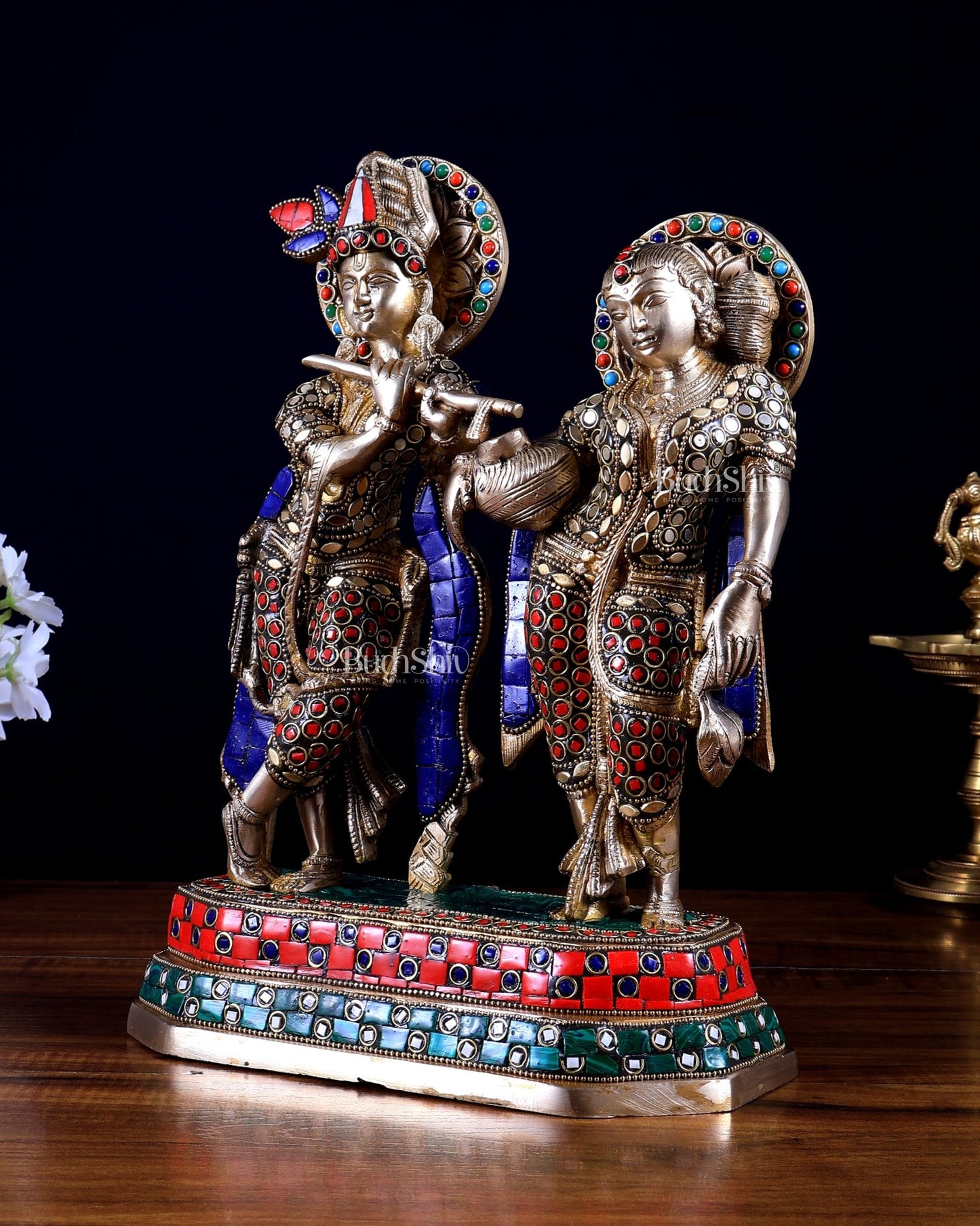 Brass Radha Krishna Idol with Stonework – 12 Inch | Premium Handmade Statue | BudhShiv - Budhshiv.com