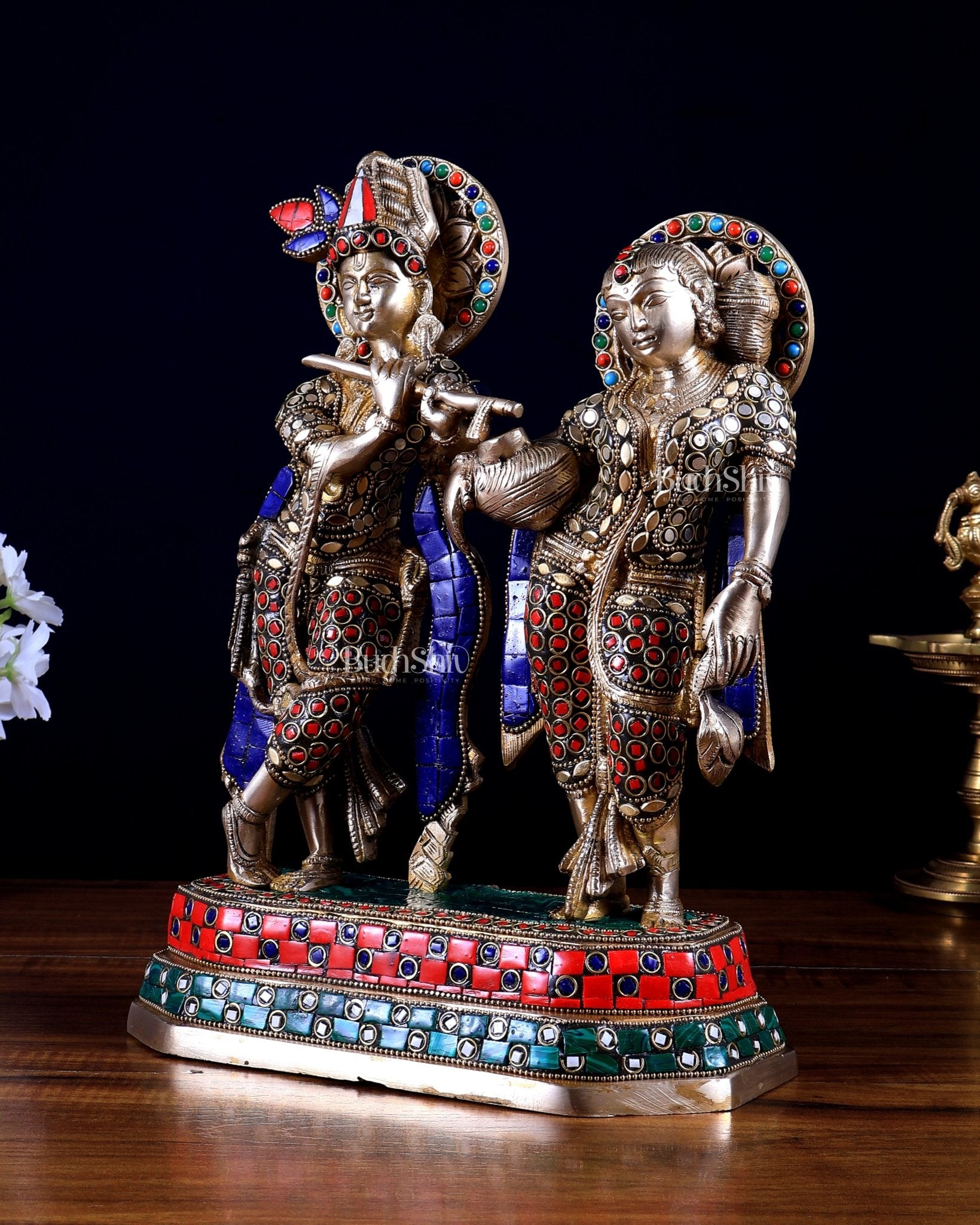 Brass Radha Krishna Idol with Stonework – 12 Inch | Premium Handmade Statue | BudhShiv - Budhshiv.com