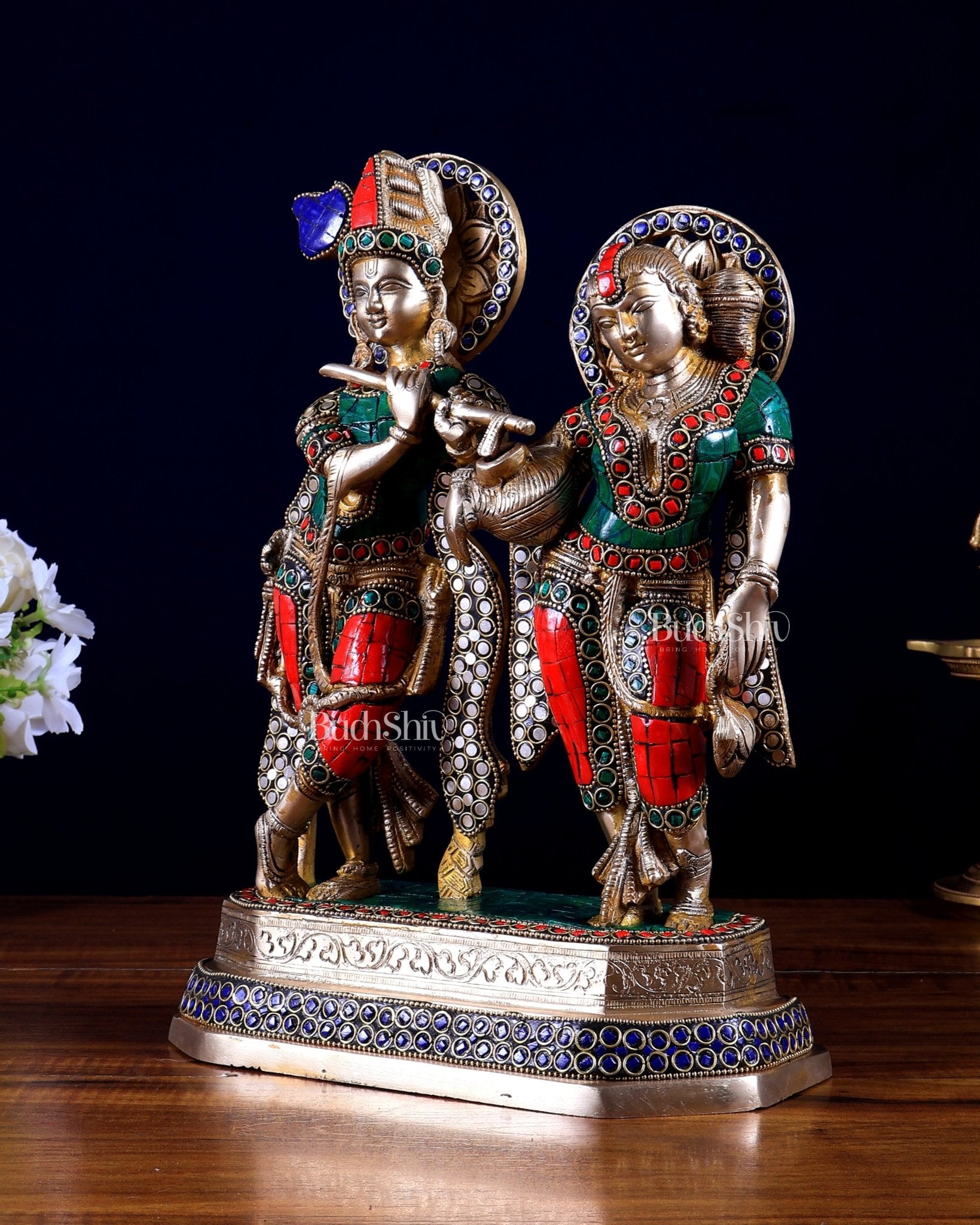 Brass Radha Krishna Idol with Stonework – 12 Inch | Premium Handmade Statue | BudhShiv - Budhshiv.com