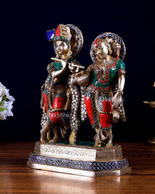 Brass Radha Krishna Idol with Stonework – 12 Inch | Premium Handmade Statue | BudhShiv - Budhshiv.com